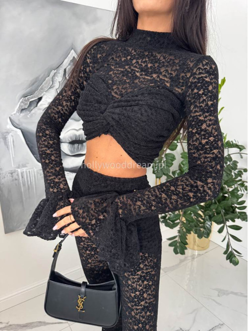 Czarna bluzka koronkowa z rękawem dzwonek i supełkiem Ally 171