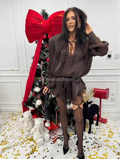 Brązowy sukienko-kombinezon z opływającego materiału Gusto 131 - photo #3