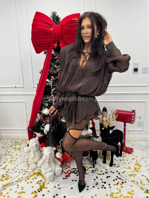 Brązowy sukienko-kombinezon z opływającego materiału Gusto 131 - photo #4