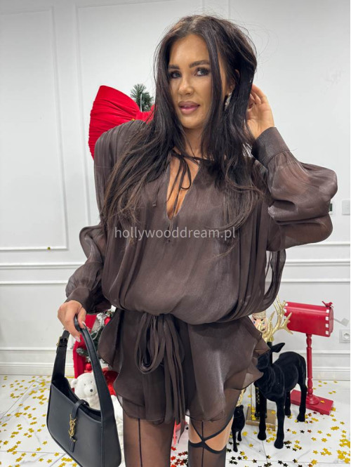 Brązowy sukienko-kombinezon z opływającego materiału Gusto 131 - photo #8