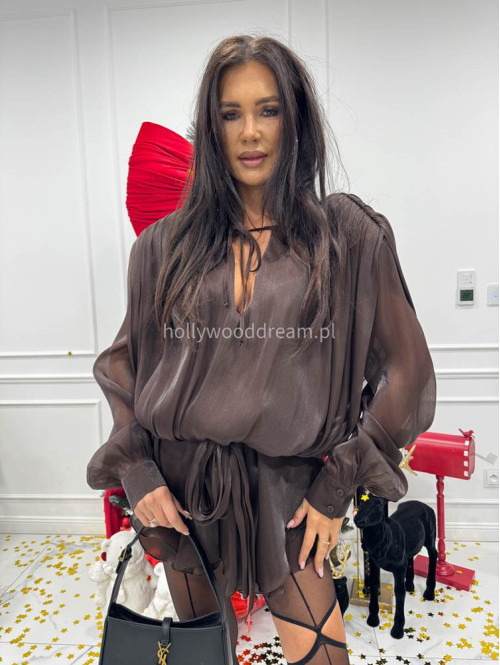Brązowy sukienko-kombinezon z opływającego materiału Gusto 131 - photo #9
