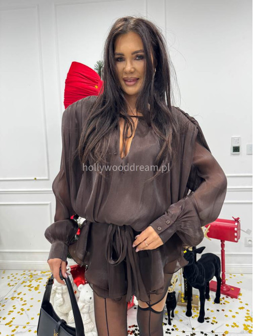 Brązowy sukienko-kombinezon z opływającego materiału Gusto 131 - photo #10