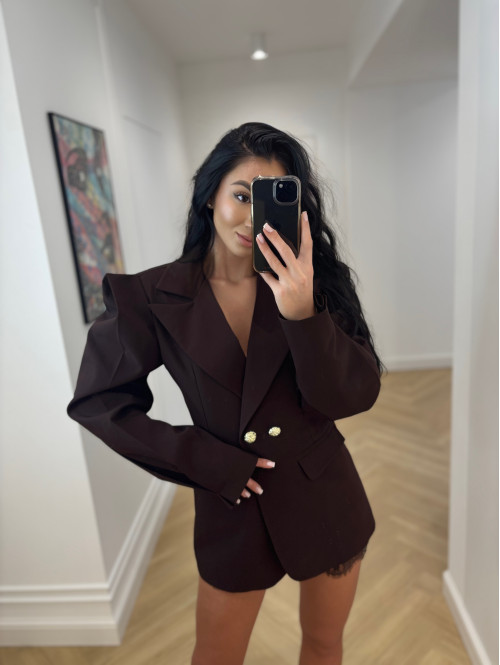 Brązowa marynarka z wiskozy z poszerzanymi ramionami LUIZA 25 - photo #17