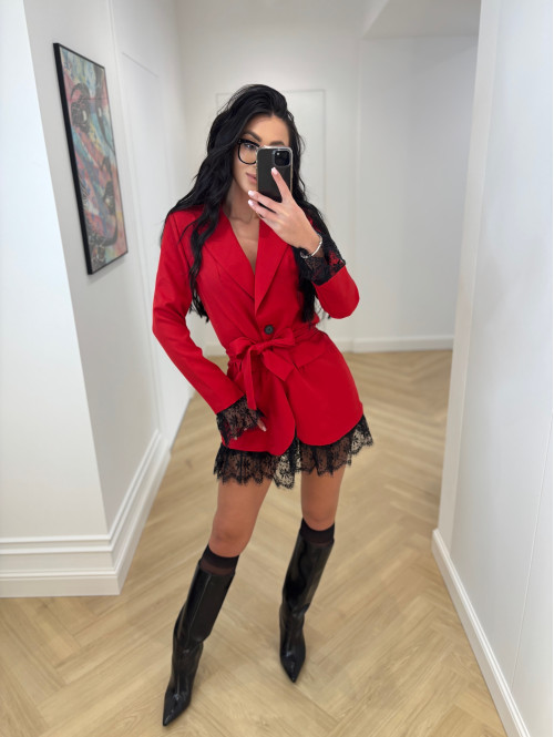 Czerwona marynarka z koronkowymi wstawkami i paskiem CELESTIA 17 - photo #10