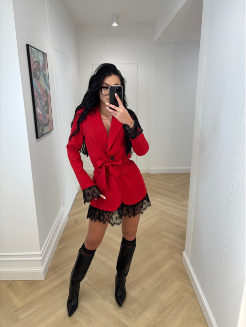 Czerwona marynarka z koronkowymi wstawkami i paskiem CELESTIA 17 - photo #11