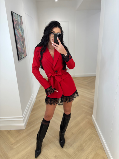 Czerwona marynarka z koronkowymi wstawkami i paskiem CELESTIA 17 - photo #12