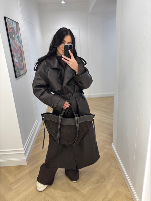 Czekoladowy płaszcz długi skórzany z paskiem OLEK 25 - photo #31