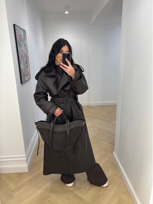 Czekoladowy płaszcz długi skórzany z paskiem OLEK 25 - photo #32