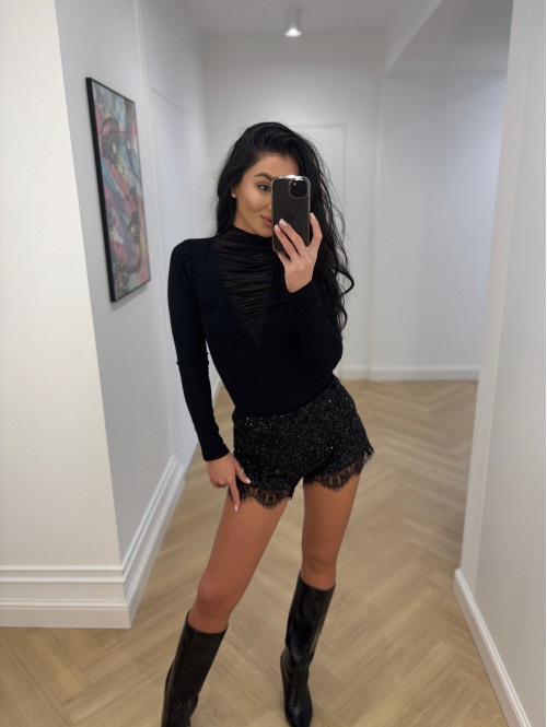 Czarna bluzka na długi rękaw z golfem i dekoltem z siateczki ANDREA 30 - photo #8