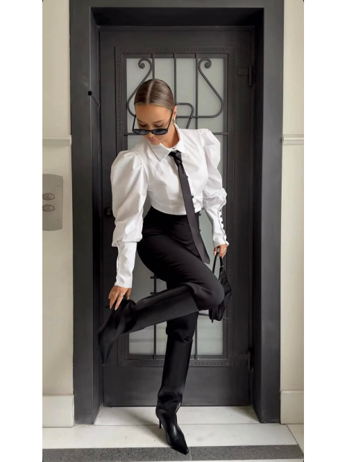 Biała elegancka koszula z bufkami , mankietami i krawatem Lorenzo 171 - photo #2