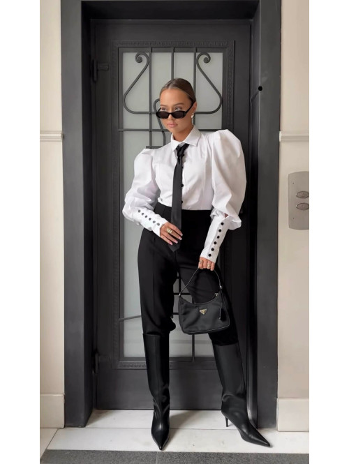 Biała elegancka koszula z bufkami , mankietami i krawatem Lorenzo 171 - photo #4