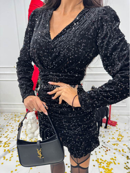 Czarna sukienka mini cekinowa z drapowaniem COLORADO 26 - photo #8