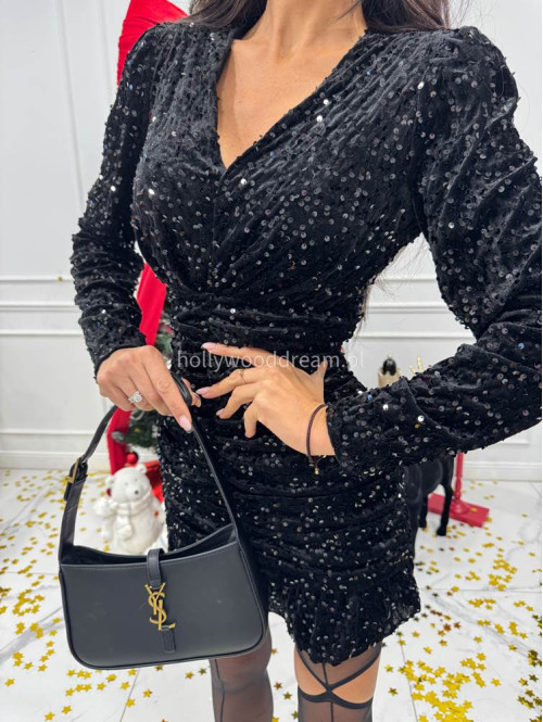 Czarna sukienka mini cekinowa z drapowaniem COLORADO 26 - photo #9