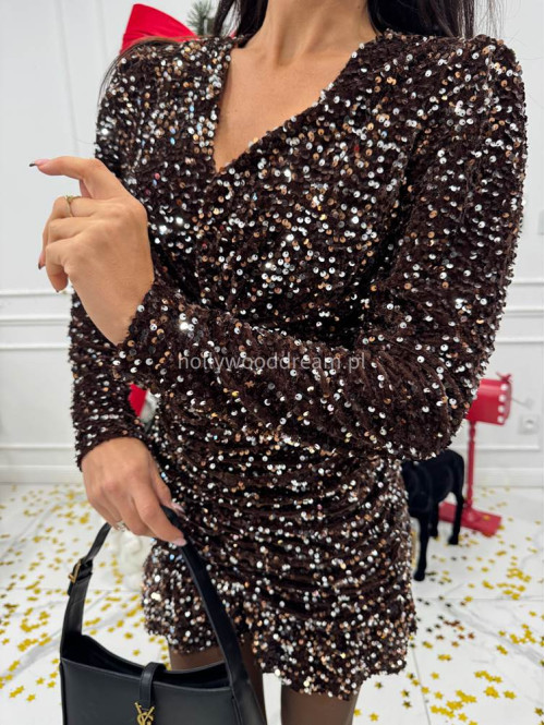 Brązowa sukienka mini cekinowa z drapowaniem COLORADO 26 - photo #7