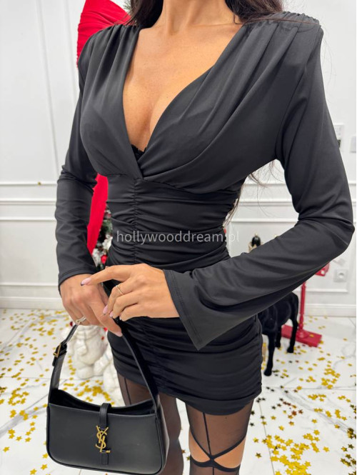 Czarna sukienka mini marszczona z rozszerzanymi rękawami CRISTINA 172 - photo #3