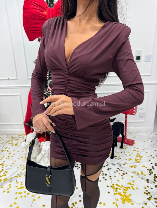 Śliwkowa sukienka mini marszczona z rozszerzanymi rękawami CRISTINA 172 - photo #7