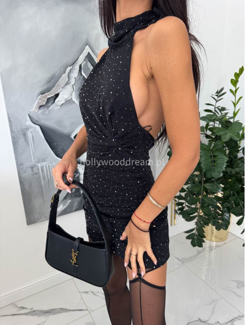 Czarna sukienka mini z dekoltem halter i cyrkoniami GINNA 09 - photo #9