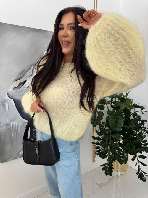 Pastelowo żółty sweter moherowy z szerokimi rękawami WARM 24 - photo #3