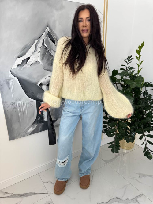 Pastelowo żółty sweter moherowy z szerokimi rękawami WARM 24 - photo #6