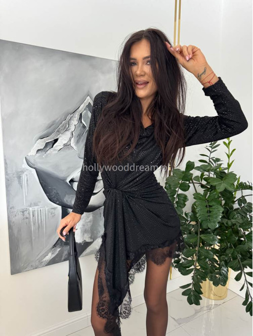 Czarna sukienka midi cekinowa z lejącym dekoltem i koronką na dole KARLA 24 - photo #8