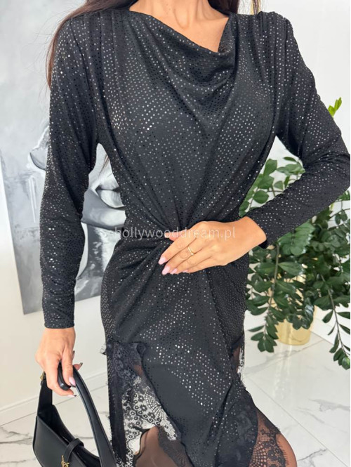 Czarna sukienka midi cekinowa z lejącym dekoltem i koronką na dole KARLA 24 - photo #11