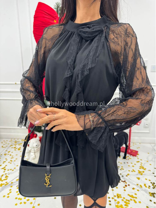 Czarna sukienka mini szyfonowa + rękawy koronkowe Eliza 17 - photo #2
