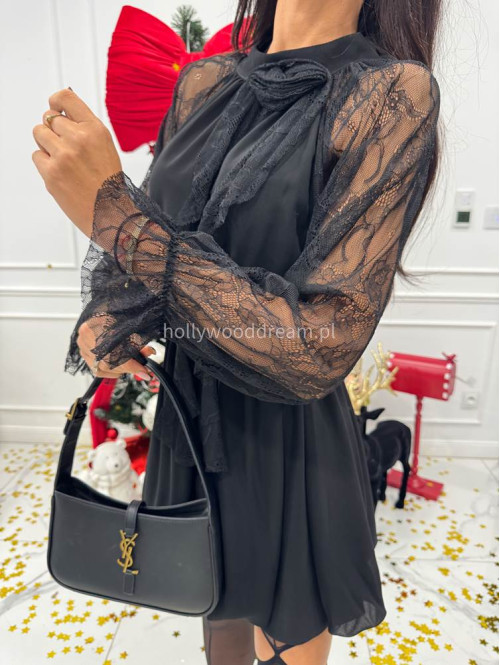 Czarna sukienka mini szyfonowa + rękawy koronkowe Eliza 17 - photo #1
