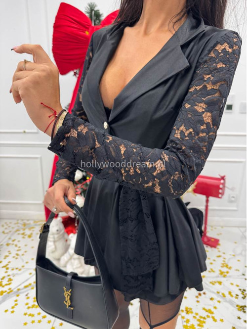 Czarny kombinezon al'a sukienka z koronkowym rękawem, wiązaniem i falbaną SAMANTA 17 - photo #9