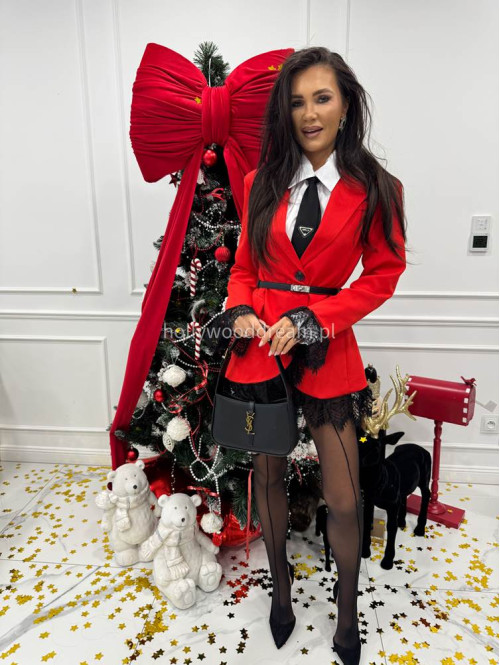 Czerwona sukienka marynarka z koronkowymi wstawkami NINA 17 - photo #3