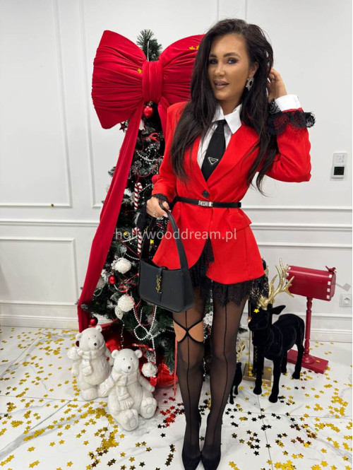 Czerwona sukienka marynarka z koronkowymi wstawkami NINA 17 - photo #5