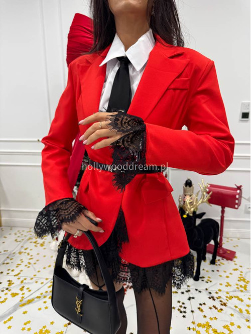 Czerwona sukienka marynarka z koronkowymi wstawkami NINA 17 - photo #13