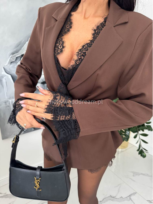 Brązowa marynarko-sukienka z koronkowym wykończeniem i paskiem Belly 17 - photo #0