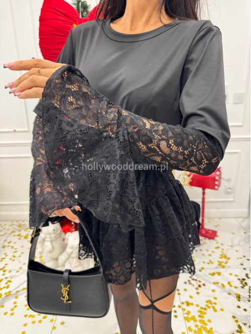 Czarny kombinezon rozkloszowany mini z koronką Samba 17 - photo #4