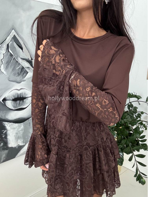 Brązowy kombinezon rozkloszowany mini z koronką Samba 17 - photo #11