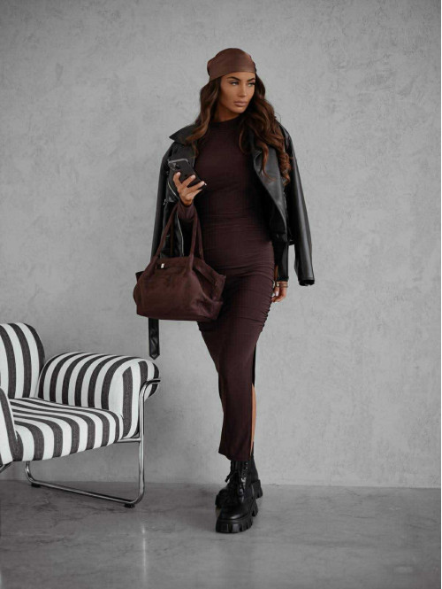 Brązowa sukienka maxi z drapowaniem EMMA 131 - photo #1