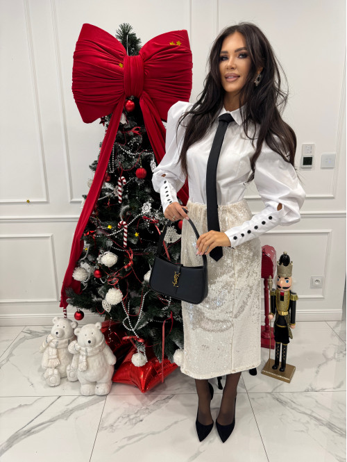 Biała elegancka koszula z bufkami , mankietami i krawatem Lorenzo 171 - photo #8