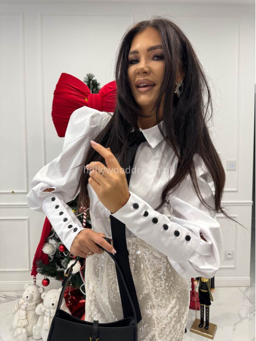 Biała elegancka koszula z bufkami , mankietami i krawatem Lorenzo 171 - photo #14