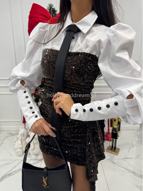 Biała elegancka koszula z bufkami , mankietami i krawatem Lorenzo 171 - photo #22