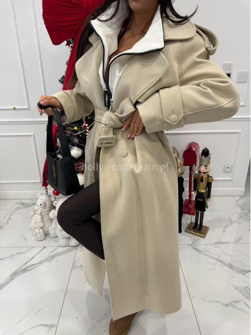 Kremowy płaszcz długi wełniany z paskiem LUCIEN 25 - photo #1