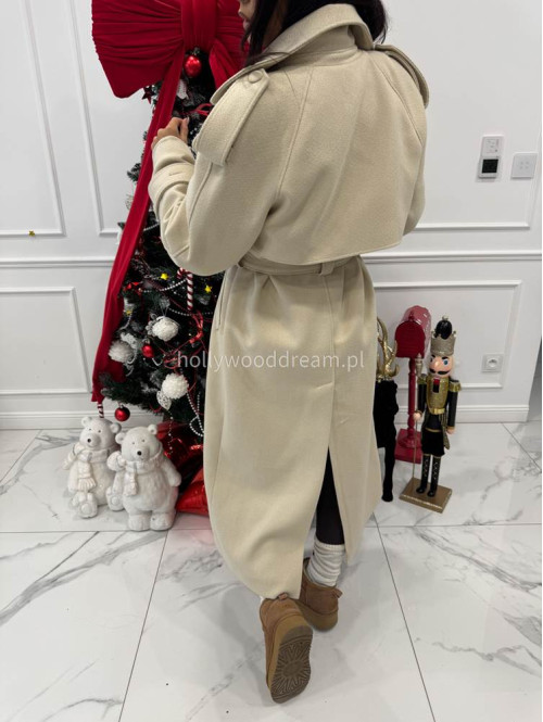 Kremowy płaszcz długi wełniany z paskiem LUCIEN 25 - photo #3