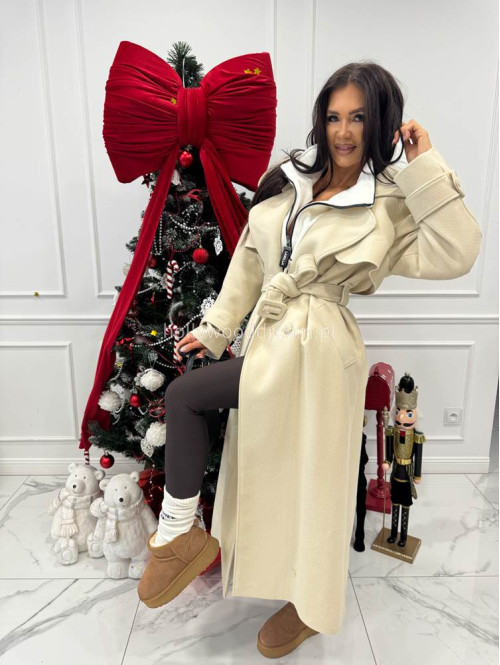 Kremowy płaszcz długi wełniany z paskiem LUCIEN 25 - photo #6