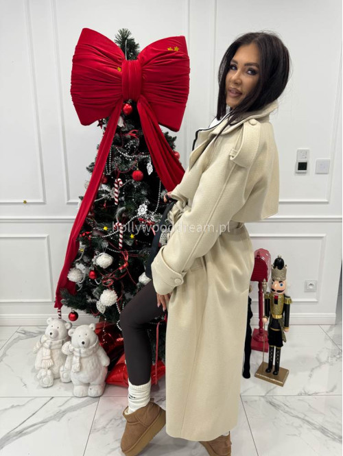 Kremowy płaszcz długi wełniany z paskiem LUCIEN 25 - photo #7