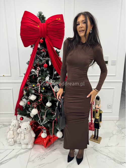 Brązowa sukienka maxi z drapowaniem EMMA 131 - photo #4