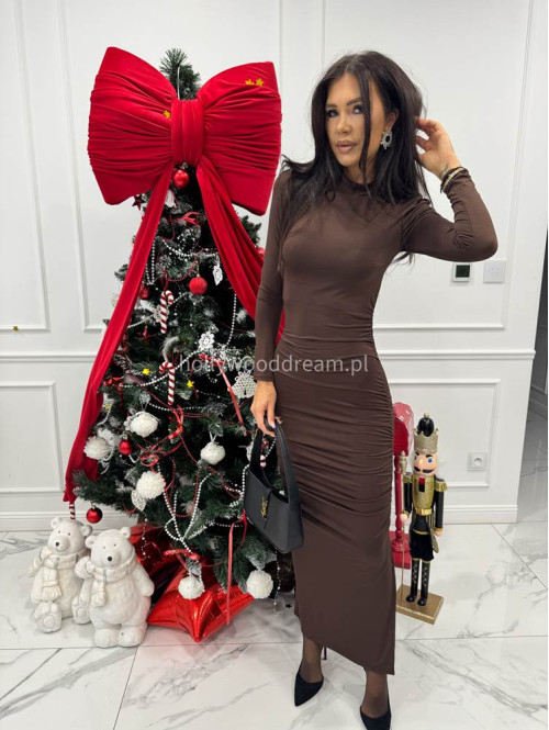 Brązowa sukienka maxi z drapowaniem EMMA 131