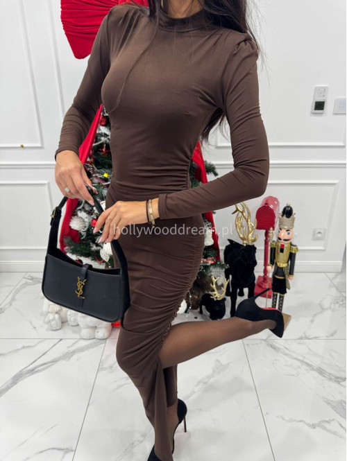 Brązowa sukienka maxi z drapowaniem EMMA 131 - photo #9