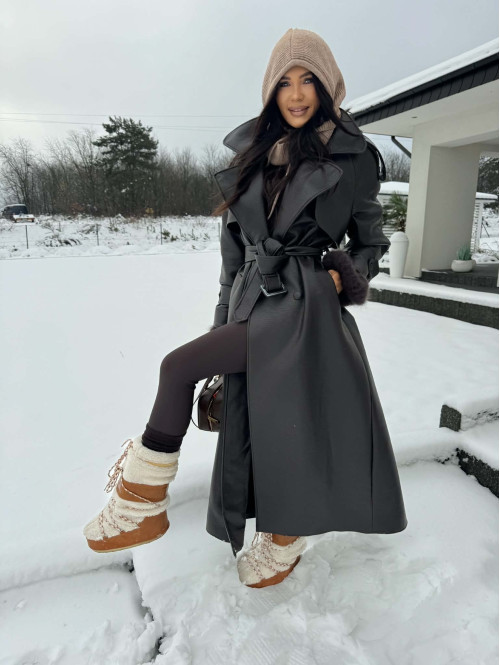 Czekoladowy płaszcz długi skórzany z paskiem OLEK 25