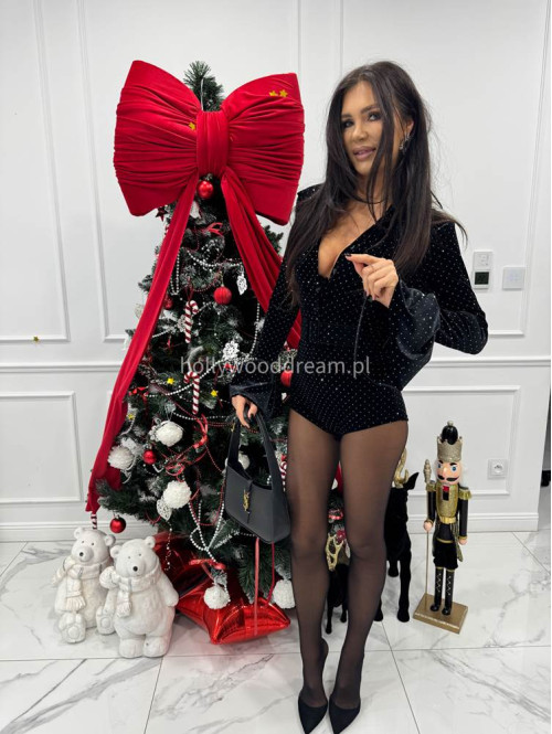 Czarny kombinezon welurowy z cekinami z paskiem i poszerzanymi rękawami OFELIA 17 - photo #3