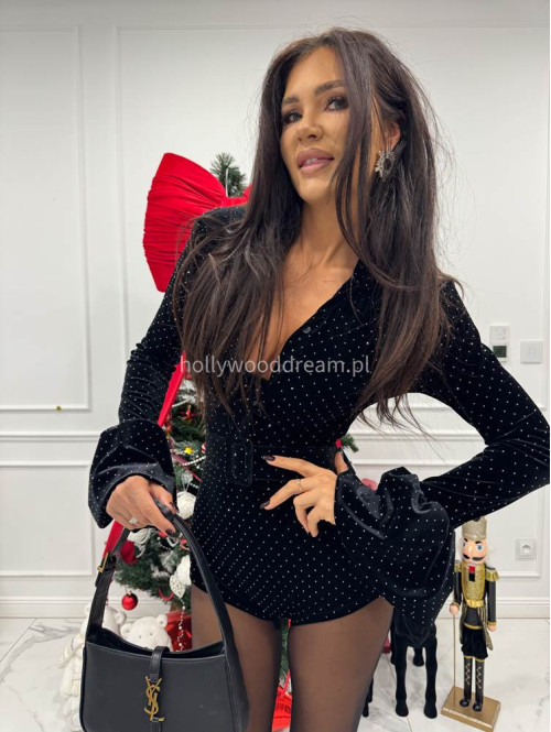 Czarny kombinezon welurowy z cekinami z paskiem i poszerzanymi rękawami OFELIA 17 - photo #6