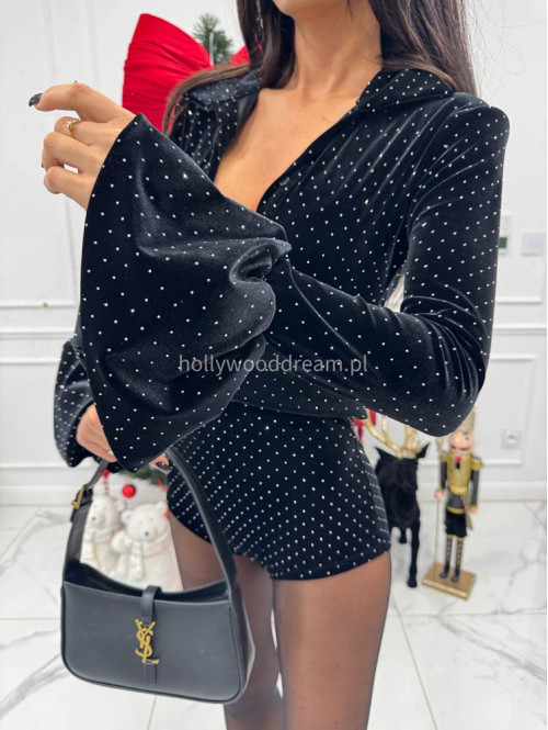 Czarny kombinezon welurowy z cekinami z paskiem i poszerzanymi rękawami OFELIA 17 - photo #7