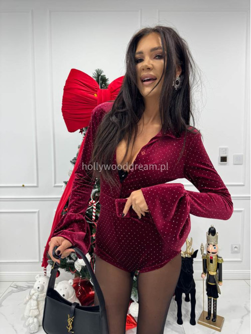 Bordowy kombinezon welurowy z cekinami z paskiem i poszerzanymi rękawami OFELIA 17 - photo #6
